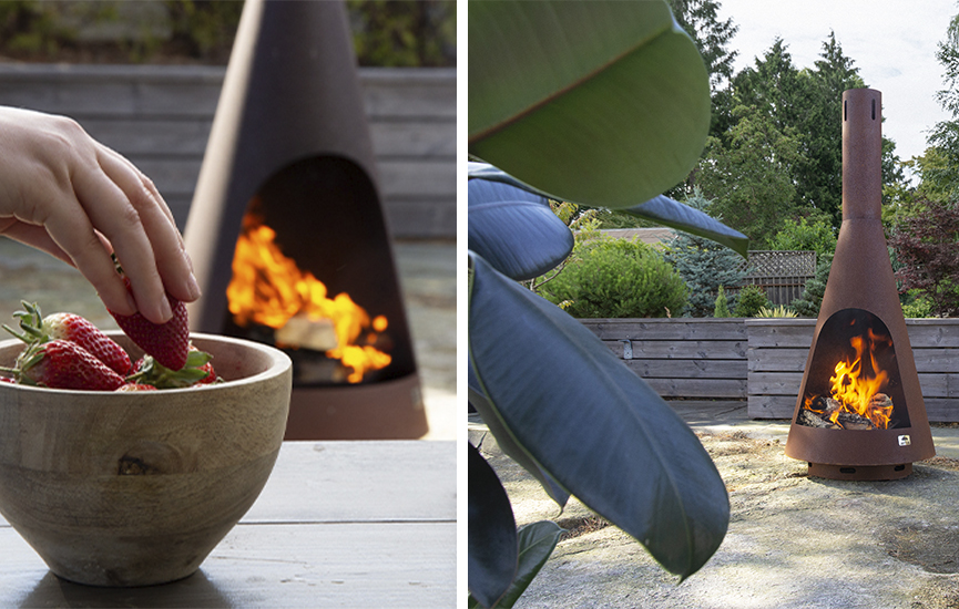 Kominek zewnętrzny Jøtul Frøya ze stali corten w ogrodzie