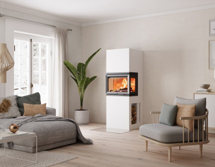 Biała obudowa kominkowa Jøtul FS 520 FRL w skandynawskim wnętrzu